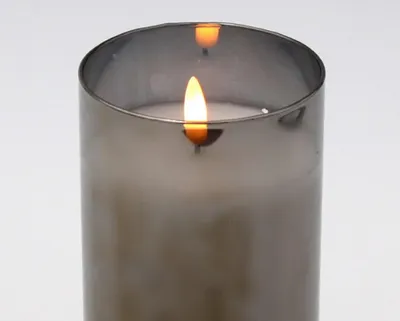 Produktbild von LED Kerze im Glas 3D Flamme Effekt grau mit Timer anthrazit silber verspiegelt