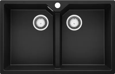 A top-down view of a black double kitchen sink with silver drains and a single faucet hole.