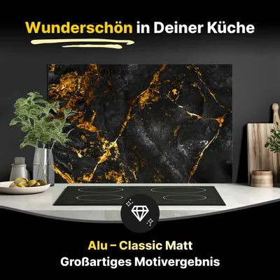 Produktbild von Spritzschutz Küchenrückwand aus Aluminiumverbund in Matt 100 x 50 cm Schwarzer Marmor mit goldenen Adern