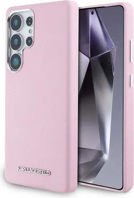 A pink Karl Lagerfeld phone case for a Samsung Galaxy S25 Ultra is shown with the phone inside.