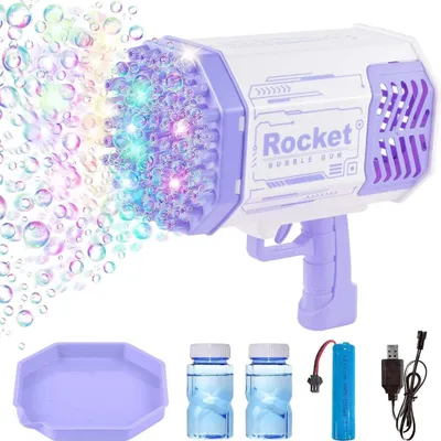 Imagen del producto de 69 agujeros. Máquina de burbujas. Pistola de agua eléctrica. Juguete para exteriores. Máquina de burbujas para bodas. Pistola de juguete con luces, color morado