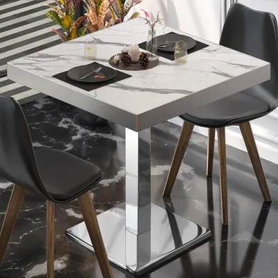Produktbild von BM | Bistrotisch | B:T:H 60 x 60 x 77 cm | Weiß Marmor / Edelstahl | Quadratisch | Edelstahl Rand | Bistro Tisch Esstisch