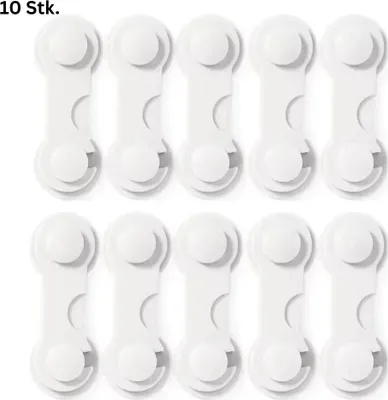 A set of 10 white child safety locks arranged in two rows on a white background.