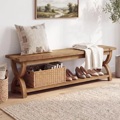 Produktbild von Rustikale Eingangsbank aus Massivholz, 160 cm lang Sitzbänke, mit unterem Ablagefach, Schuhbank mit geschwungenen X-Beinen für den Flur