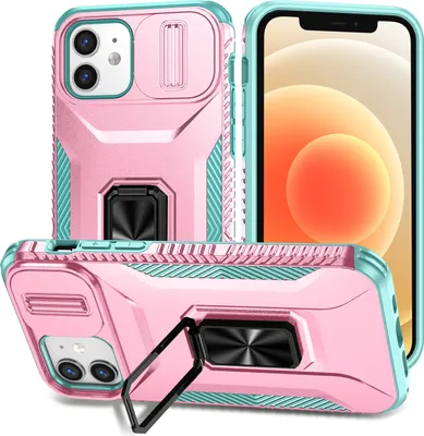 Produktbild von Handyhülle für iPhone 12 / iPhone 12 Pro Dual Layer Hülle mit Schiebe Kamera Schutz und Ringhalter Ständer Pink