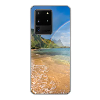 Produktbild von MuchoWow® Handyhülle Schutzhülle Hülle für Samsung Galaxy S20 Ultra Ein schöner Regenbogen am Tunnels Beach in Hawaii Silikon Softcase Handy Hülle - Karteninhaber