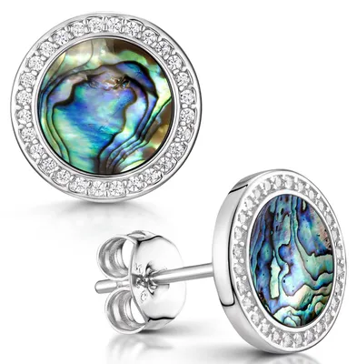 Produktbild von MATERIA Perlmutt Ohrstecker grün rund flach - Damen Ohrringe Abalone 925 Silber Zirkonia 9mm SO-394-Perlmutt