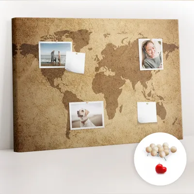 Obrázek produktu pro Korková nástěnka s kolíčky - Tabule s kolíky pro fotografie a poznámky - 100x70 cm - Připínáčky dřevěné 100 kusů - Vintage mapa světa