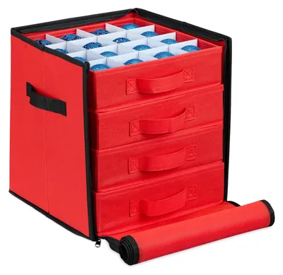 Productafbeelding van Kerstballen opbergbox - 64 vakken - Rood en zwart - 30,5 x 31 x 30,5 cm - Met lades en handgrepen