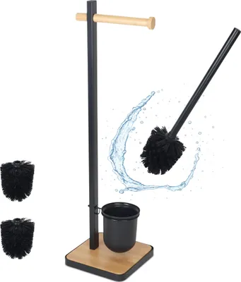Produktbild von Relaxdays WC Garnitur, HxBxT: 67 x 18 x 18 cm, Stahl & Bambus, stehender Klopapierhalter, Klobürste, schwarz/natur