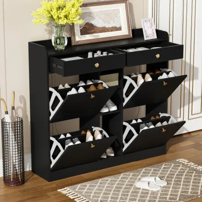 Produktbild von Schuhschrank mit 4 Klapptüren, 2 Schubladen, 3 offenen Fächern - perfekt für moderne Flure und Eingangsbereiche