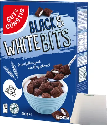 Produktbild von Gut & Günstig Black & White Bits Kakao-Getreidekissen mit Cremefüllung (500g Packung) + usy Block