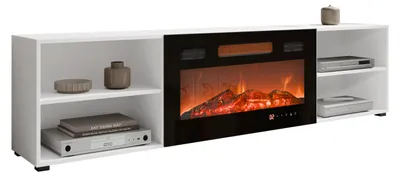 Produktbild von MIRJAN24 TV-Lowboard Polo 200 mit Kamin, Realistische LED-Flamme, Gehärtetes Glas, 200x33x51 cm (Farbe: Weiß / Weiß + Schwarz Hochglanz)
