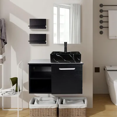Image de Ensemble de meubles de salle de bain comprenant un meuble sous-vasque et un miroir, de couleur noire