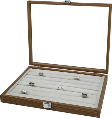 Produktbild von Holz Ringlade Ringe Ringbox Ringkoffer Schmucklade Schmuckkoffer Schmuckbox Ringdisplay Aufbewahrungsbox Deckel mit Echtglas