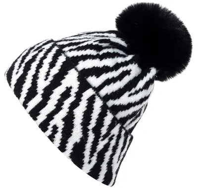 Produktbild von styleBREAKER Damen Bommelmütze Strick mit Zebra Muster | warme Strickmütze mit Kunstfell Pompon | elastische Winter Beanie Pudelmütze Viskose