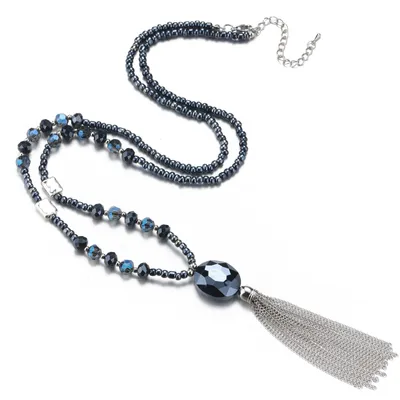 Produktbild von Bulinlin Lange Perlenkette Damen mit Quaste - Y-Kette Modeschmuck Lang Halskette mit Kristallperlen Anhänger Boho Elegantes Muttertagsgeschenk(Dark Bl
