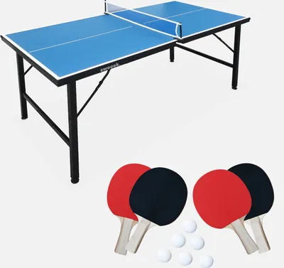 Immagine prodotto di Mini tavolo da ping pong per interni pieghevole con 4 racchette e 6 palline, 150cm, Blu
