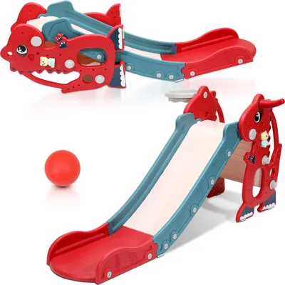 Produktbild von Jayseuw Kinderrutsche 4-in-1 Klappbar Gartenrutsche Spielplatz mit Basketballkorb und Wurfring Englisch-Lerngerät Rot