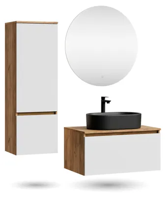 Produktbild von ARISA Badmöbel Set inkl. Hochschrank in Weiß – Mit Nova LED Spiegel und schwarzem Keramik-Aufsatzwaschbecken 55 cm