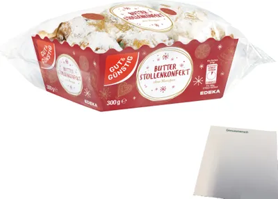 Produktbild von Gut & Günstig Butterstollenkonfekt ohne Marzipan mit 28 % Rosinen verfeinert (300g Packung) + usy Block