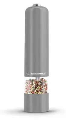 A product shot of a gray electric pepper grinder with peppercorns in the transparent base.