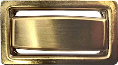 A close-up studio shot of a brass-colored drawer pull on a white background.