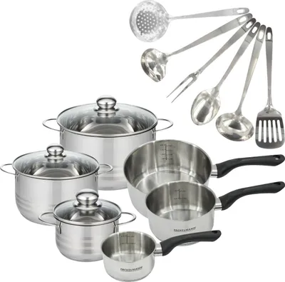 Image de Batterie de cuisine avec 3 casseroles 12/16/20 cm et 3 faitouts 16/20/24 cm avec 6 ustensiles de cuisine sans PFAS Fackelmann Généva Brillant Oxford