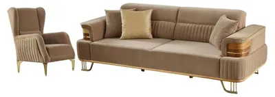 Produktbild von Villa Möbel Sofa Set Braga Hellbraun Stellvariante:2+1 Relax- und Bettfunktion, pflegeleichter Mikrofaser Samtstoff