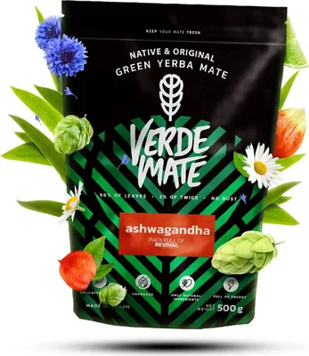 Produktbild von Verde Mate - Mate Tee Ashwagandha 500g - 5mm Dicke Blätter, Staubfrei - Natürliche Balance, Mild - Adaptogen mit Hopfen, Jasmin - Luftgetrocknet
