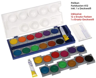 Produktbild von Pelikan Deckfarbkasten Schul Standard K12 12 Farben inkl. 7,5 ml Deckweiß + 12 Stück Pelikan Ersatz-Farben + 1 x Pelikan Ersatz Deckweiss