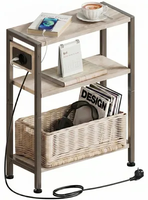 Beistelltisch mit USB-C, schmal, 3 Ebenen, 43x56x18 cm, grau