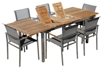 Produktbild von ALEOS. Gartengarnitur Edelstahl Batyline A-Grade Teak Holz Set Ausziehtisch 160-220 x 90 cm + 6 Sessel mit Batyline Bespannung Serie KUBA-BRAUN Gastroqualität