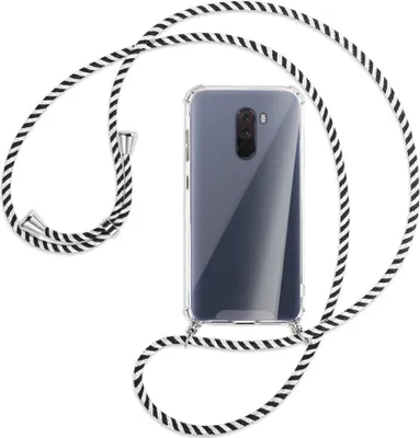 Produktbild von Handykette Backcover-Schutzhülle mit Band (Metall silberfarben) für Xiaomi Pocophone F1 / Poco F1 - schwarz/weiß gestreift