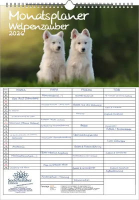 Produktbild von Welpenzauber Planer Familienplaner 4 Spaltenplaner DIN A3 Kalender für 2026 Hunde Welpen - Seelenzauber