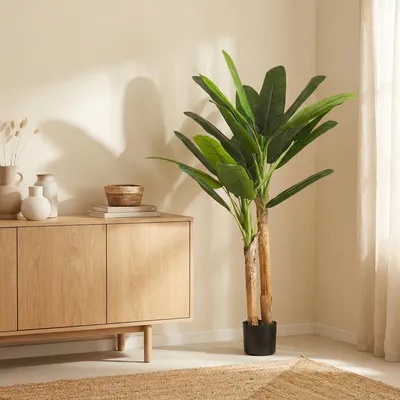 Produktbild von Künstlicher Bananenbaum 150 cm - Kunstpflanze mit 2 Stämmen & 15 Blättern im Topf - Pflegeleichte Bananenstaude - Grün