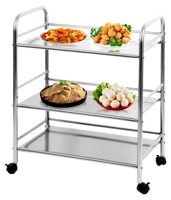 Produktbild von Küchenwagen mit Rollen, Servierwagen, 3 Ablagen, Tragfähigkeit 150 kg, Edelstahl, 61 x 36 x 75 cm