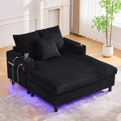 Produktbild von Schlafsessel 142x128x85cm, übergroßer Liegesessel aus schwarzem Cord mit USB-Anschlüssen, LED-Beleuchtung und Getränkehaltern für Wohnzimmer