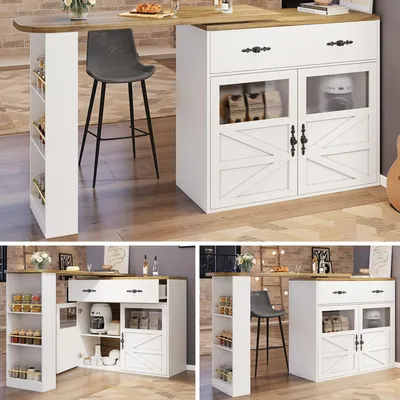 Productafbeelding van Uitschuifbare bartafel met opbergruimte (138-204x39x104 cm), 360° draaibare eettafel, keukenblok, salontafel met planken, wit