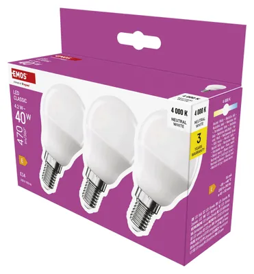 Immagine prodotto di EMOS Lampada LED Mini Globe confezione da 3 pezzi, 4,2W in sostituzione di una lampadina da 40W, base E14, luminosità 470 lm, bianco neutro 4000 K, durata 30000 h, ZQ1E23.3