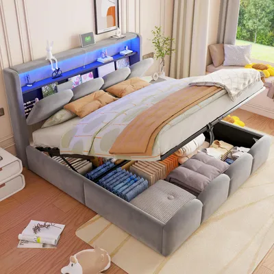 Produktbild von Flieks Hydraulisches Polsterbett 140x200cm mit Stauraum, Doppelbett Jugendbett mit Led und Ladefunktion, Boxspringbett Samt mit Lattenrost, Samt, Grau
