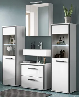 Produktbild von Badmöbel Set 4-teilig "Telly" in weiß Hochglanz und grau Badkombination 170 x 190 cm