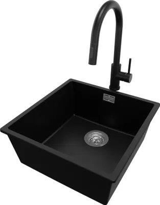 Produktbild von PRIMAGRAN Granitspüle Schwarz 46x47cm, Spülbecken 1 Becken + Küchenarmatur 40x20cm + Ablauf-Set, Küchenspüle ab 50er Unterschrank - London Slim