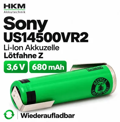 Produktbild von Akku Sony US14500VR2 3,6V - 680mAh Li-Ion-Zelle mit Lötfahnen. Z