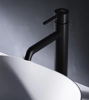 A black faucet is shown above a white sink.