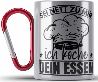 Produktbild von Trendation - Koch Geschenk Edelstahl Tasse Karabiner Sternekoch Geschenkidee Lustiger Spruch Sei Nett Zu Mir Ich Koche Dein Essen (Rot)