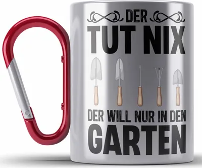 Produktbild von Trendation - Der Tut Nix Gärtner Edelstahl Tasse Karabiner mit Spruch Garten Hobbygärtner Geschenk Lustig (Rot)