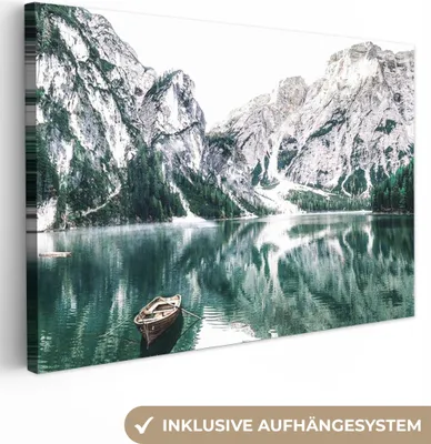 Obrázek produktu pro OneMillionCanvasses® - Obraz na plátně - Hory - Sníh - Zima - Lodě - Jezero - Příroda, nástěnná malba, nástěnné dekorace obrazy obývací pokoj, 90x60cm