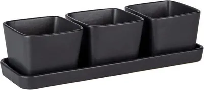 Produktbild von Schälchen – 4 kleine Snackschälchen auf einem hochwertigen Keramik-Tablett mit 3 × 300-ml-Schälchen. Ideal für Tapas, Snacks und Fingerfood. Maße: 30 × 10 × 8 cm, Farbe: Schwarz