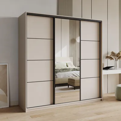 Produktbild von Masseno Schiebetürenschrank VARO 180/205/60 cm Kleiderschrank mit 4 Schubladen Schlafzimmer Schrank 3-türig mit Spiegel Kaschmir
